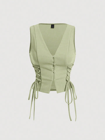 MOD Retro Vintage Clothes Crossed Frenulum Drawstring Side Crop Tank Top