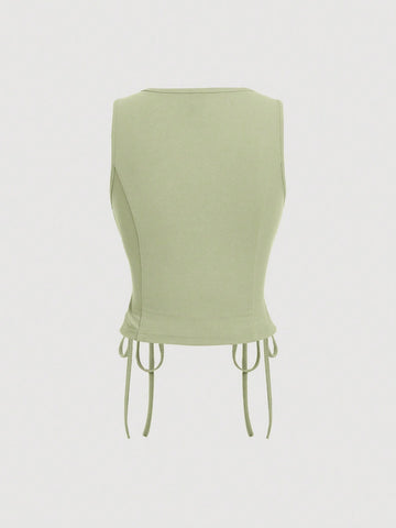 MOD Retro Vintage Clothes Crossed Frenulum Drawstring Side Crop Tank Top