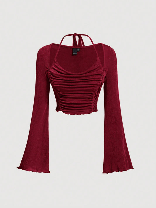 MOD Ruched Waist Lettuce Trim Tie Backless Bell Sleeves Red Crop Tee