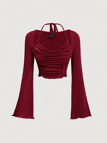 MOD Ruched Waist Lettuce Trim Tie Backless Bell Sleeves Red Crop Tee