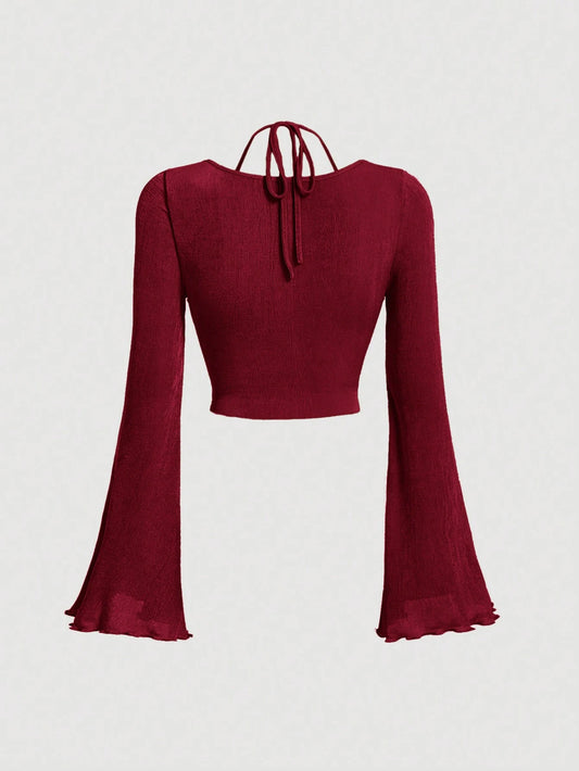 MOD Ruched Waist Lettuce Trim Tie Backless Bell Sleeves Red Crop Tee