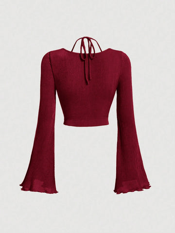 MOD Ruched Waist Lettuce Trim Tie Backless Bell Sleeves Red Crop Tee