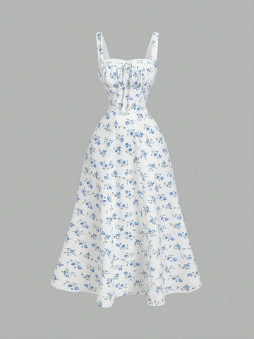 MOD Square Neck Lace Front Panel Gathered Back Tie Floral Dress