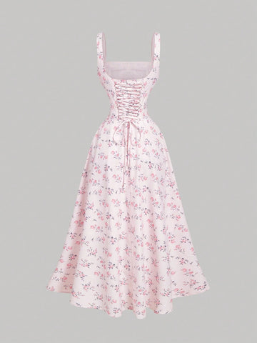 MOD Square Neck Lace Front Panel Gathered Back Tie Floral Dress