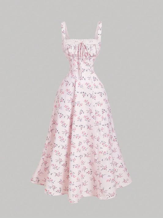 MOD Square Neck Lace Front Panel Gathered Back Tie Floral Dress