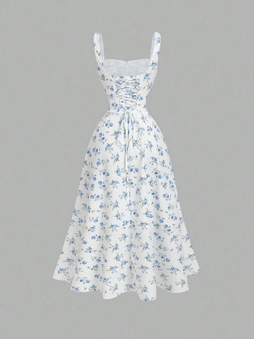 MOD Square Neck Lace Front Panel Gathered Back Tie Floral Dress