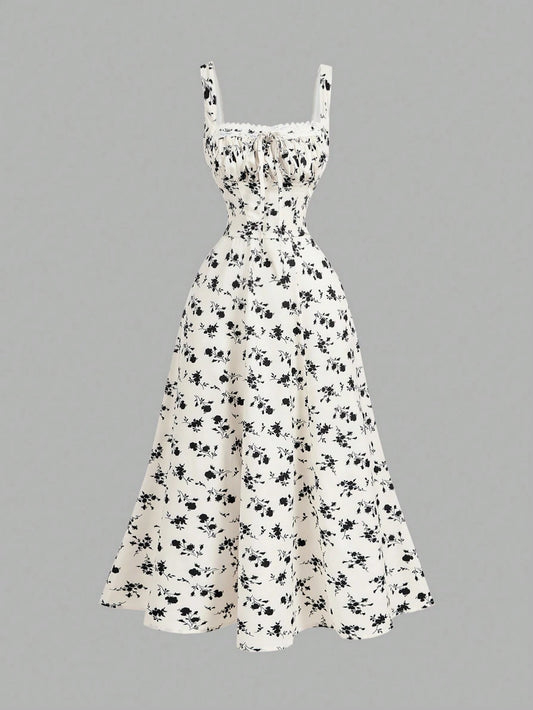 MOD Square Neck Lace Front Panel Gathered Back Tie Floral Dress