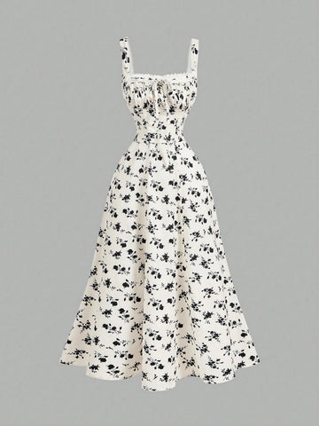 MOD Square Neck Lace Front Panel Gathered Back Tie Floral Dress