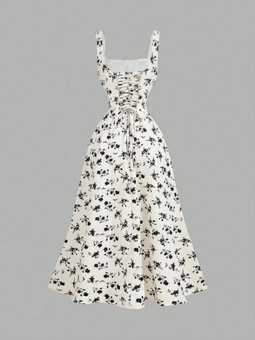 MOD Square Neck Lace Front Panel Gathered Back Tie Floral Dress