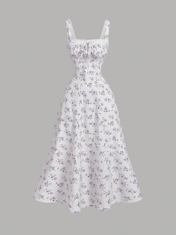 MOD Square Neck Lace Front Panel Gathered Back Tie Floral Dress