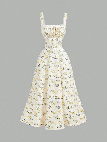 MOD Square Neck Lace Front Panel Gathered Back Tie Floral Dress