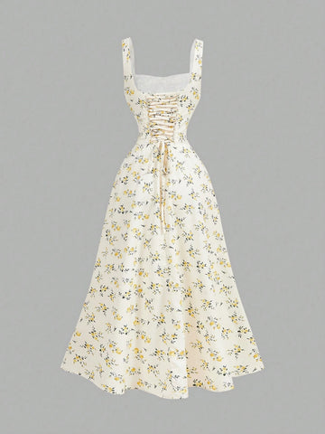 MOD Square Neck Lace Front Panel Gathered Back Tie Floral Dress
