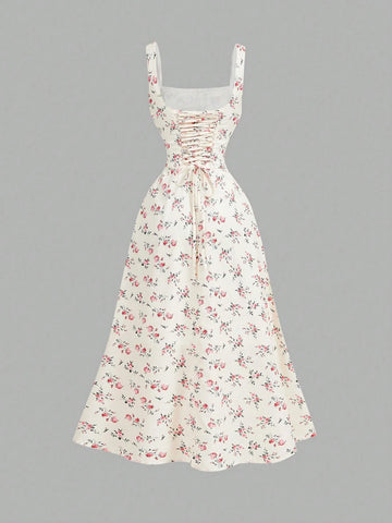 MOD Square Neck Lace Front Panel Gathered Back Tie Floral Dress