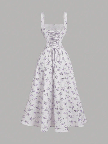 MOD Square Neck Lace Front Panel Gathered Back Tie Floral Dress
