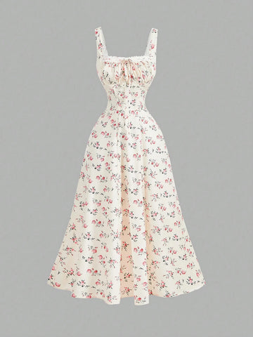 MOD Square Neck Lace Front Panel Gathered Back Tie Floral Dress