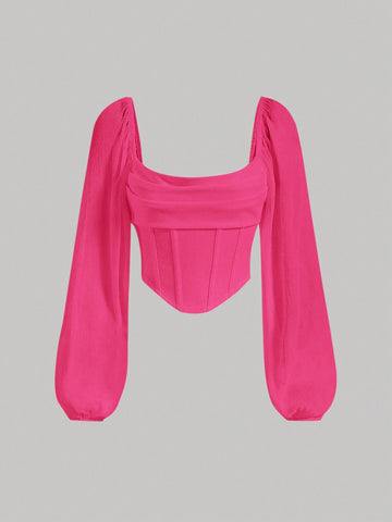 MOD Square Neck Lantern Sleeve Ruched Bandana Hem Gathered Lapel Crop Top