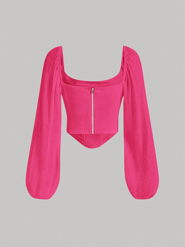 MOD Square Neck Lantern Sleeve Ruched Bandana Hem Gathered Lapel Crop Top