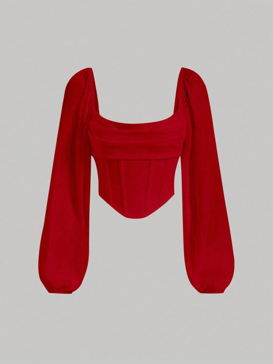 MOD Square Neck Lantern Sleeve Ruched Bandana Hem Gathered Lapel Crop Top