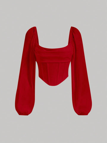 MOD Square Neck Lantern Sleeve Ruched Bandana Hem Gathered Lapel Crop Top