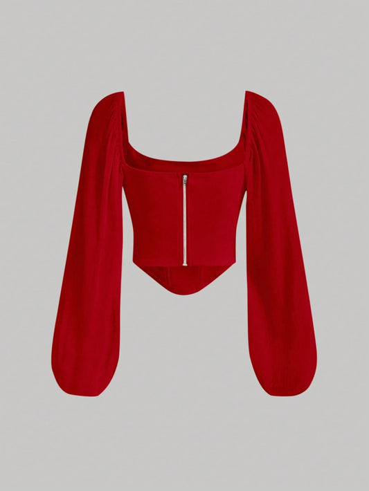 MOD Square Neck Lantern Sleeve Ruched Bandana Hem Gathered Lapel Crop Top