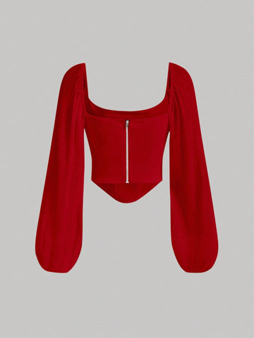 MOD Square Neck Lantern Sleeve Ruched Bandana Hem Gathered Lapel Crop Top