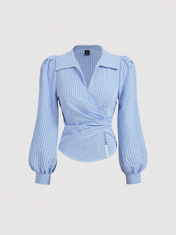 MOD Women's V Neck Wrap Front Blouse With Lantern Sleeve