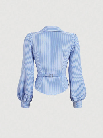 MOD Women's V Neck Wrap Front Blouse With Lantern Sleeve