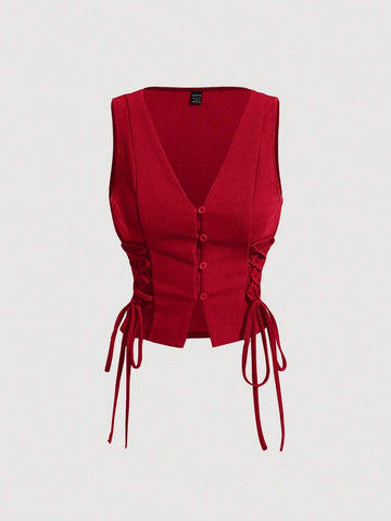 MOD Retro Vintage Clothes Crossed Frenulum Drawstring Side Crop Tank Top