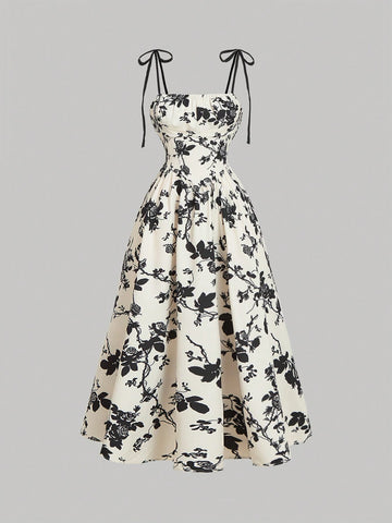 MOD Women Apricot Background Black Silhouette Flower Print Cami Dress