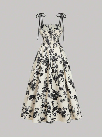 MOD Women Apricot Background Black Silhouette Flower Print Cami Dress