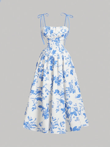 MOD Women Apricot Background Black Silhouette Flower Print Cami Dress