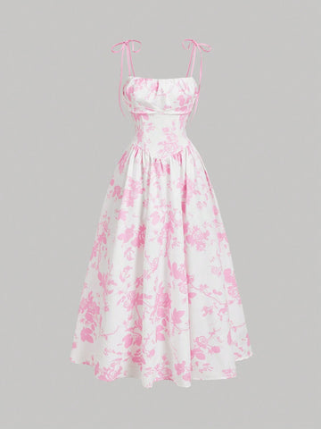 MOD Women Apricot Background Black Silhouette Flower Print Cami Dress