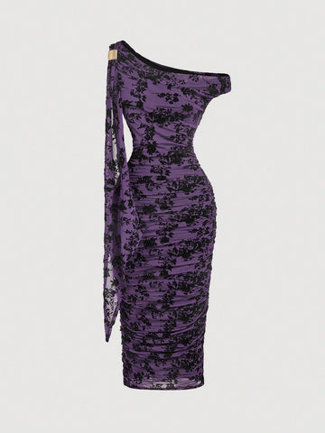 MOD Mid-Length Women's Solid Color Asymmetric Neck Ruched Dress