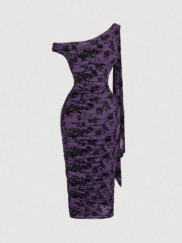 MOD Mid-Length Women's Solid Color Asymmetric Neck Ruched Dress
