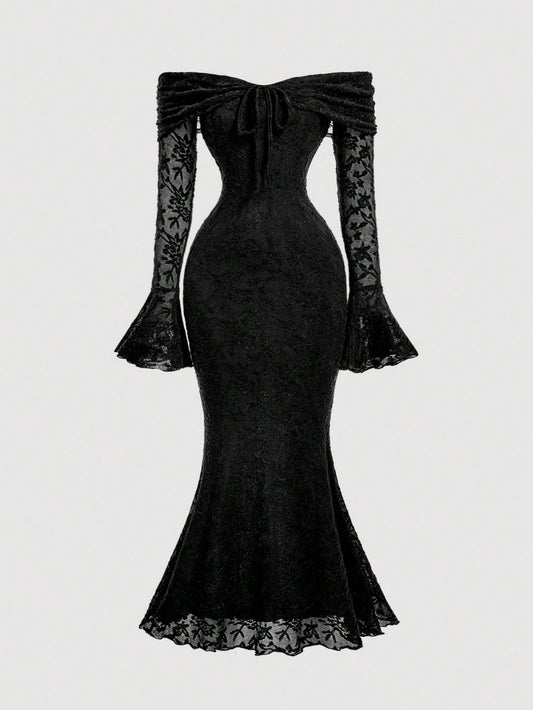 MOD Women Off Shoulder Long Sleeve Front Tie Bodycon Dress