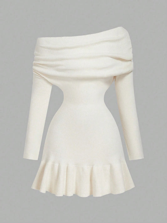 MOD Women's Khaki Off Shoulder Knitted Dress, Off The Shoulder Sweater Dress