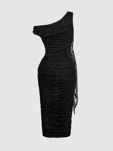 MOD Women's Solid Color Asymmetric Neck Ruched Slim Fit Elegant Mid-Length Dress