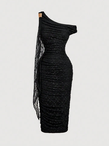 MOD Women's Elegant Asymmetric Neck Ruched Fitted Mid-Length Dress