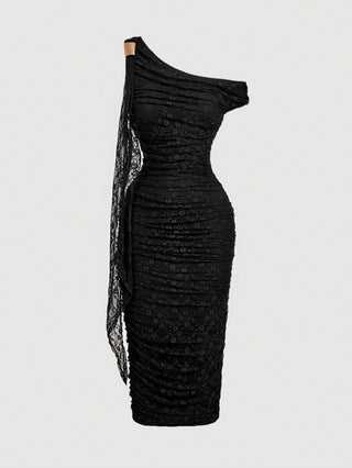 Women's Elegant Asymmetric Neck Ruched Fitted Mid-Length Dress