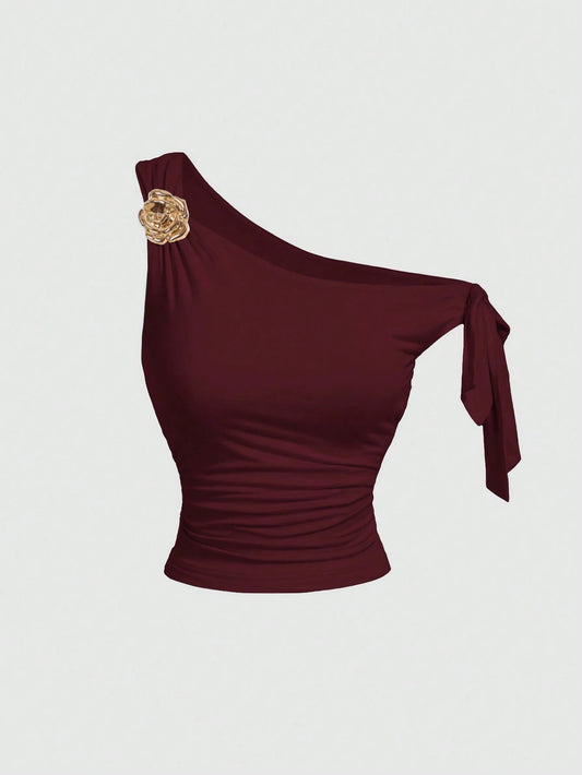 MOD Women's Asymmetric Neck Metal Floral Decor Top