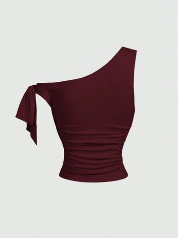 MOD Women's Asymmetric Neck Metal Floral Decor Top