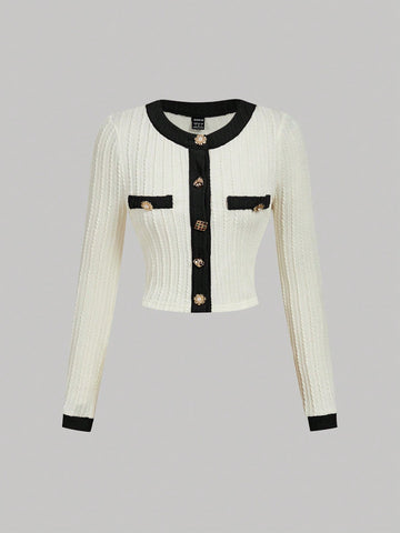 Round Neck Metal Button Bell Sleeve T-Shirt