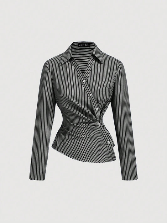 Striped Turndown Collar Fold-Over Long Sleeve Top