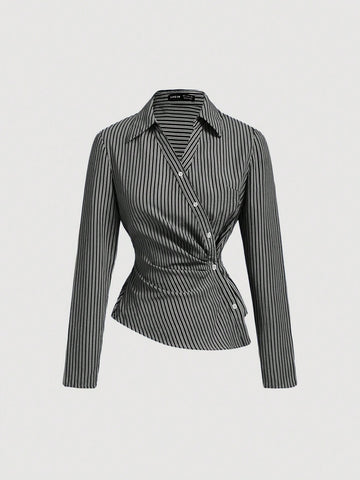 Striped Turndown Collar Fold-Over Long Sleeve Top