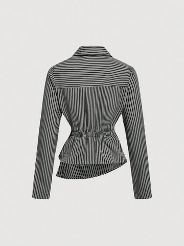 Striped Turndown Collar Fold-Over Long Sleeve Top