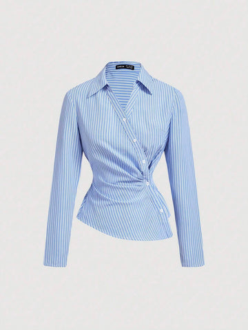 Women's Striped Turndown Collar Fold-Over Long Sleeve