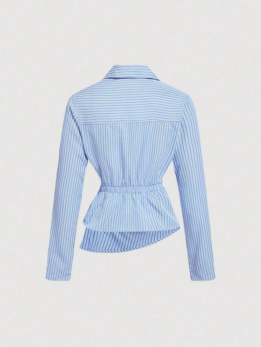 Women's Striped Turndown Collar Fold-Over Long Sleeve
