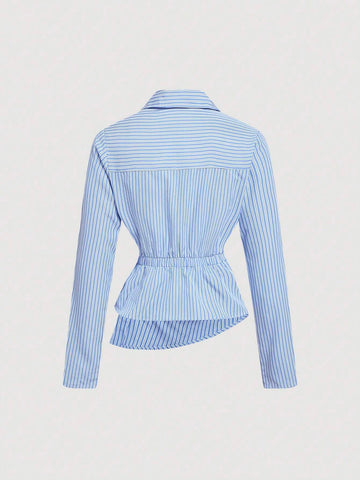 Women's Striped Turndown Collar Fold-Over Long Sleeve