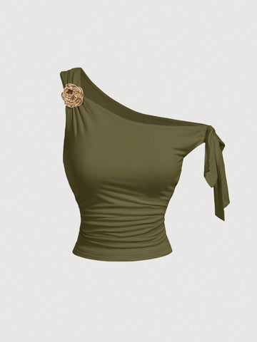 MOD Women's Asymmetric Neck Metal Floral Decor Top