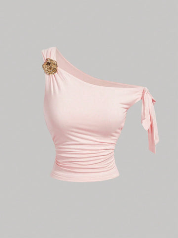 MOD Women's Asymmetric Neck Metal Floral Decor Top